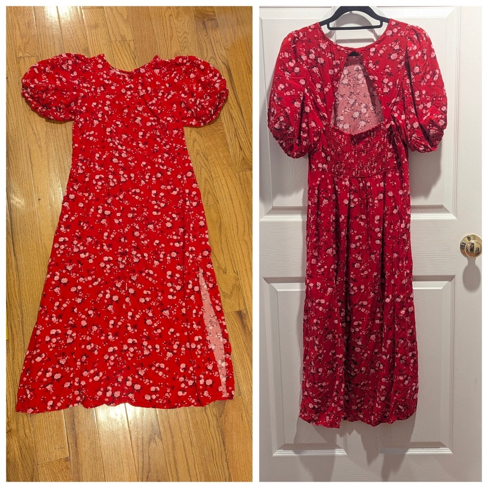 Cottagecore Floral Puff Sleeve Midi Dress Red Slit Open Back Romantic Large